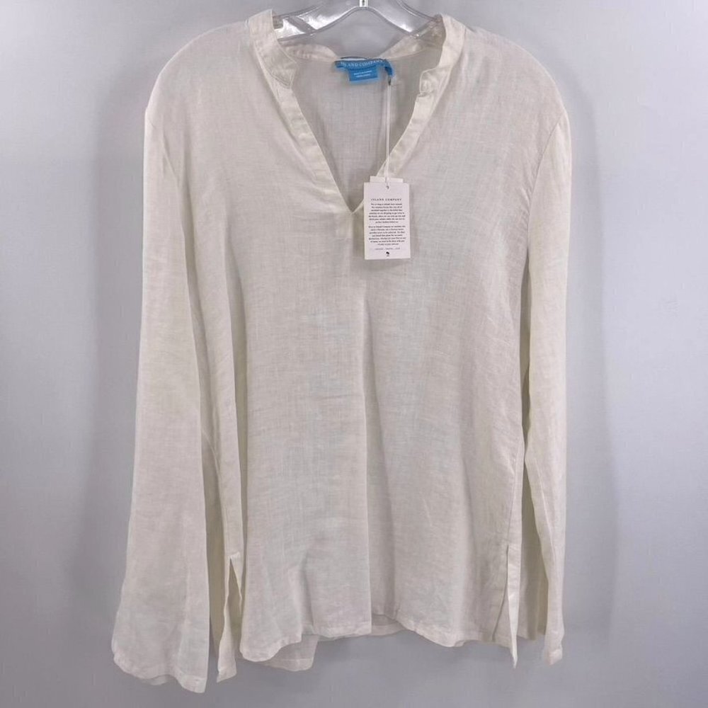 Island Company Size L White Linen Mandarin Beach V-Neck Pullover Tunic Top